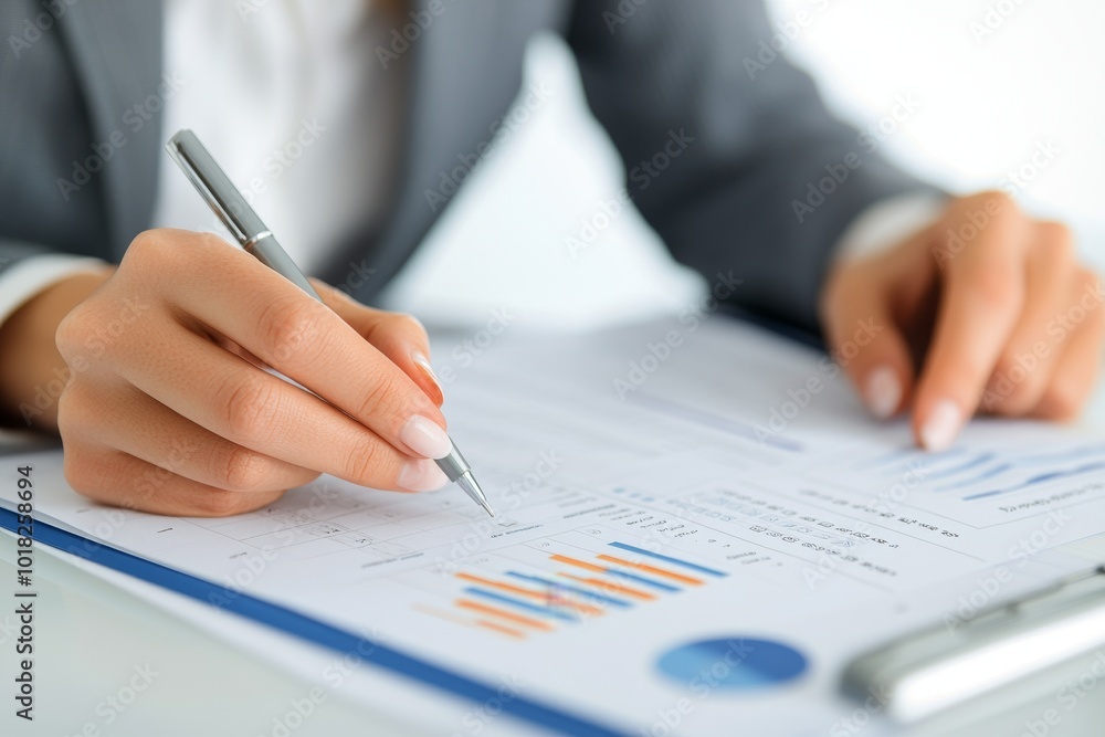 Close-up of a hand holding a pen, analyzing financial graphs and reports. Close-up of a hand holding a pen, analyzing financial graphs and reports.