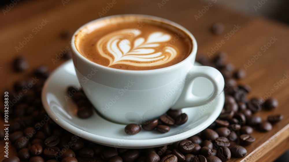 A beautifully crafted latte sits in a white cup on a rustic wooden table. The creamy beverage features intricate latte art, while roasted coffee beans are spread around the cup, enhancing the coffeeho A beautifully crafted latte sits in a white cup on a rustic wooden table. The creamy beverage features intricate latte art, while roasted coffee beans are spread around the cup, enhancing the coffeeho