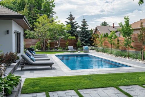 Small Backyard with Pool, Patio Furniture, and Tree Garden on Concrete Pavers