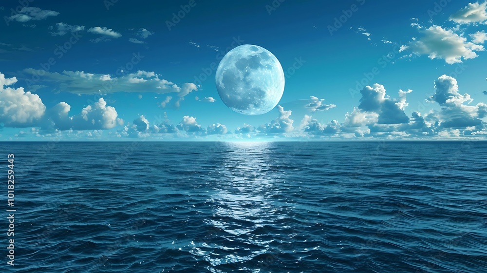 A serene full moon illuminating a calm lake at midnight.