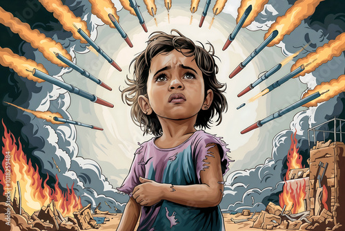 Heart-Wrenching Illustration of a Sad Child Gazing at a Sky Filled with Military Rockets – Powerful Depiction of War's Impact on Innocence