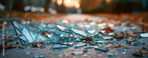 High angle view of shattered mirror fragments on the ground, blurry background, natural light, bokeh effect, realistic details.