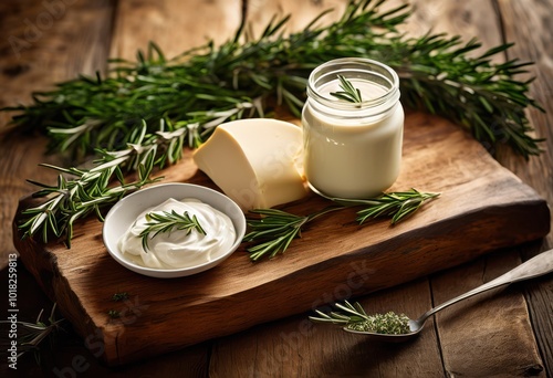 delicate fresh dairy spread artistically arranged over rustic wooden board showcasing its creamy texture organic appeal, butter, cheese, culinary