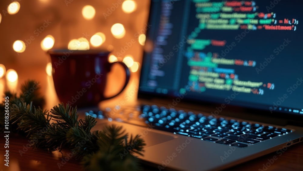 A close-up of a laptop displaying programming code, accompanied by stylistic festive lights and a warm beverage, merging the worlds of technology and holiday cheer in a modern, cozy setting. A close-up of a laptop displaying programming code, accompanied by stylistic festive lights and a warm beverage, merging the worlds of technology and holiday cheer in a modern, cozy setting.