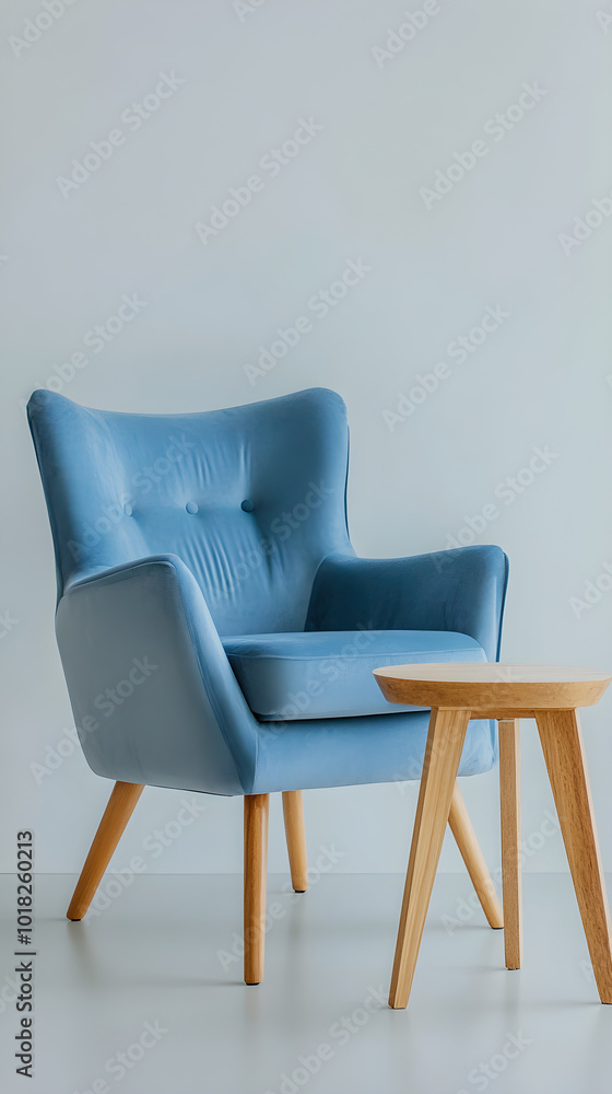 A soft blue armchair positioned next to a light wooden side table on a minimalist background brings a serene and inviting atmosphere A soft blue armchair positioned next to a light wooden side table on a minimalist background brings a serene and inviting atmosphere