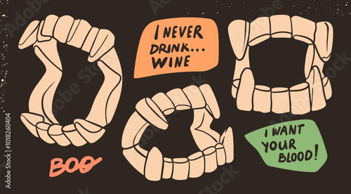 Vampire plastic Jaws. Fake Dracula teeth with fangs. Hand drawn modern Vector illustration. Isolated design elements. Halloween party, costume, decoration, kids toy concept
