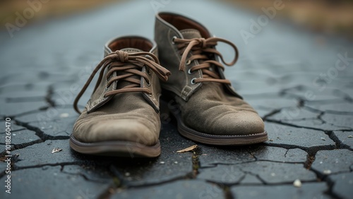 A pair of well-worn brown shoes sits untidily on cracked pavement, showcasing their aged appearance. The surrounding area looks desolate, hinting at neglect and abandonment, with natural lighting illu photo