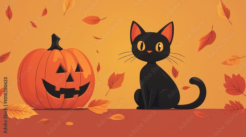 A black cat sits in front of a pumpkin with a smile on its face A black cat sits in front of a pumpkin with a smile on its face