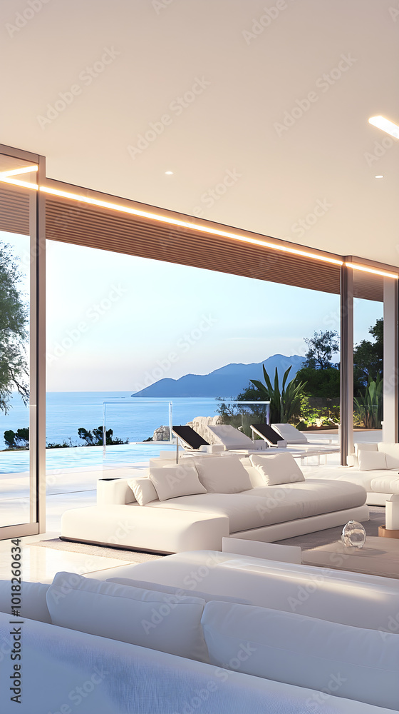Fototapeta premium Spacious open-plan living area features modern white furnishings with a stunning view of the ocean and mountains in the background
