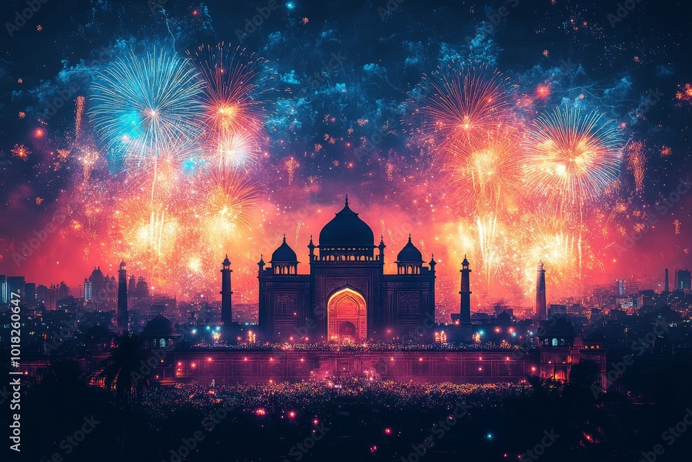 custom made wallpaper toronto digitalColorful fireworks over a city with a grand palace, perfect for celebration or festive event designs.