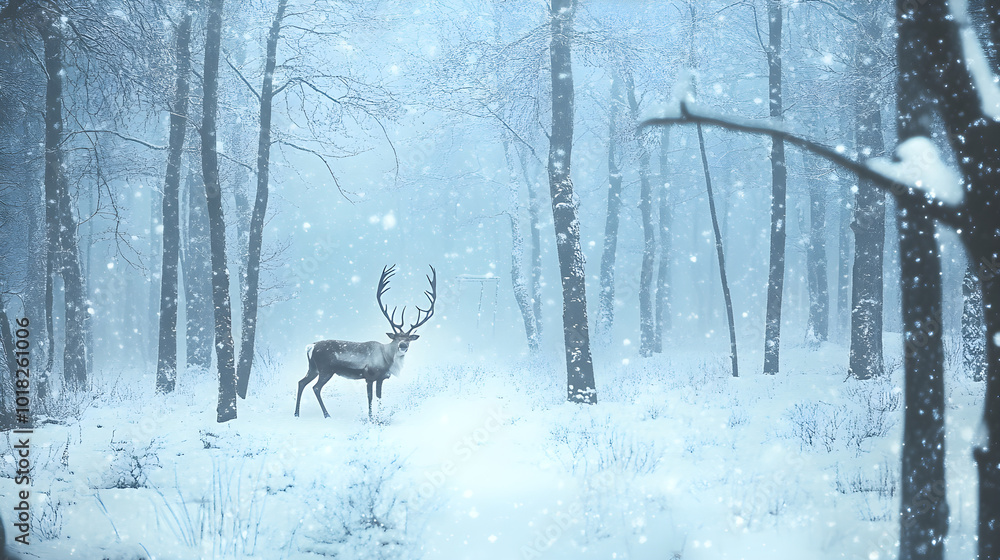 A serene winter forest scene features a majestic reindeer amidst softly falling snowflakes, surrounded by tranquil trees and a peaceful atmosphere A serene winter forest scene features a majestic reindeer amidst softly falling snowflakes, surrounded by tranquil trees and a peaceful atmosphere