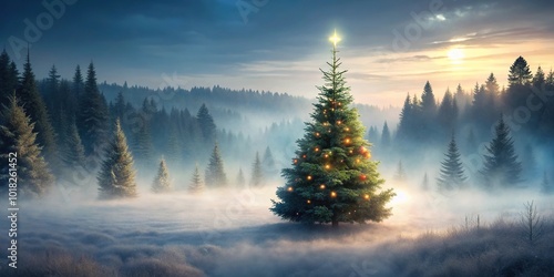 Misty nature landscape featuring Christmas tree