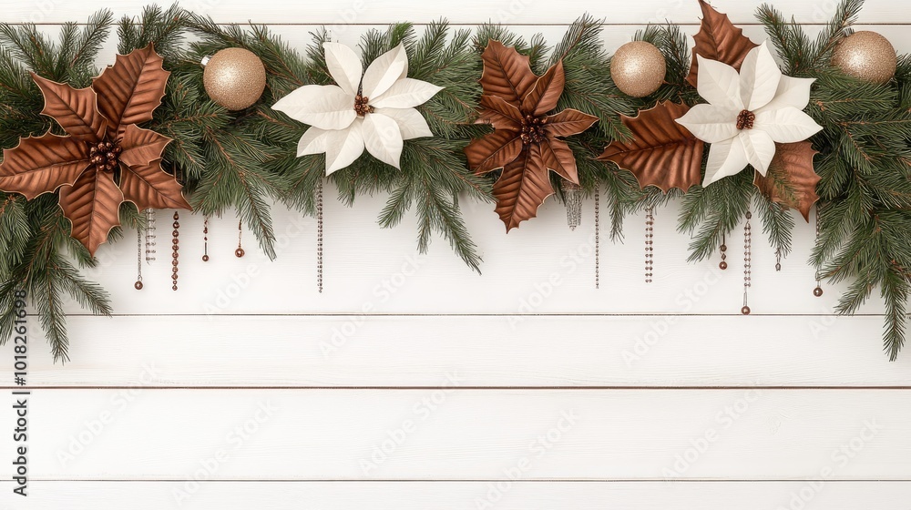 A decorative arch made of lush green Christmas garland features shimmering white and silver ornaments, adding a festive touch against the white wall backdrop A decorative arch made of lush green Christmas garland features shimmering white and silver ornaments, adding a festive touch against the white wall backdrop