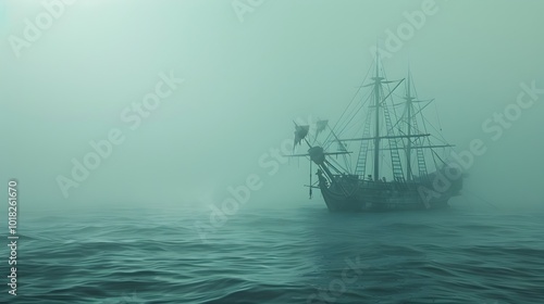 Ghostly Abandoned Ship Drifting on a Foggy Sea Symbolizing the Journey into the Unknown