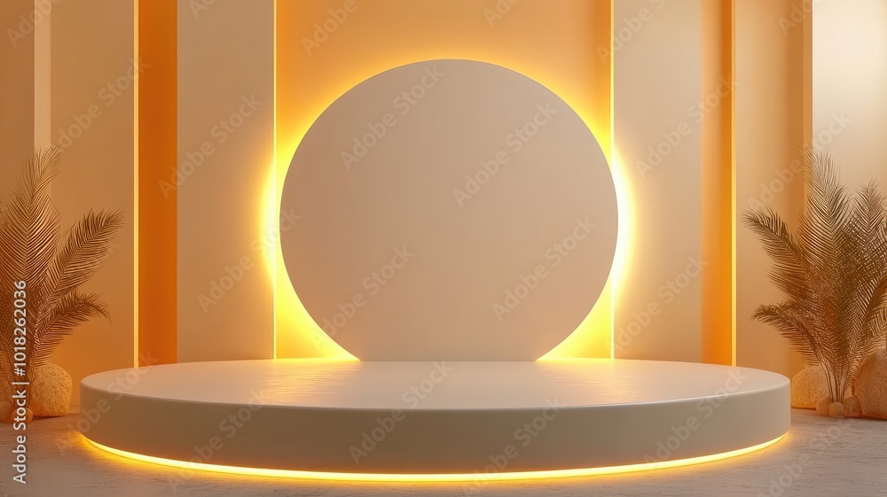 Minimalist Product Display Platform with Warm Lighting and Palm Leaves Minimalist Product Display Platform with Warm Lighting and Palm Leaves