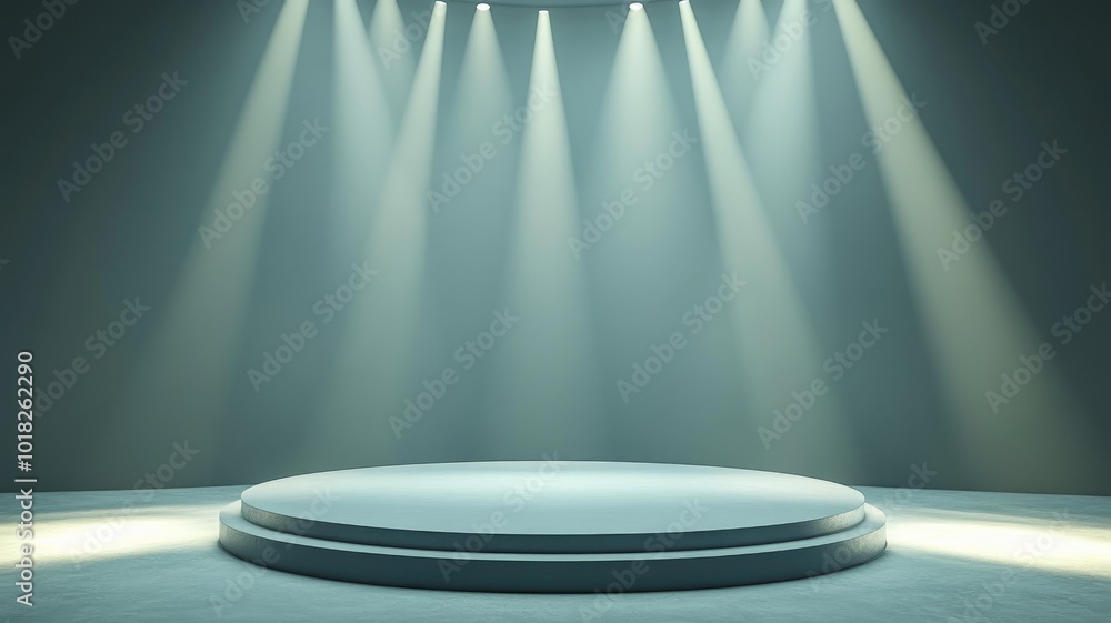 Circular Platform Illuminated by Spotlights in a Gray Room Circular Platform Illuminated by Spotlights in a Gray Room