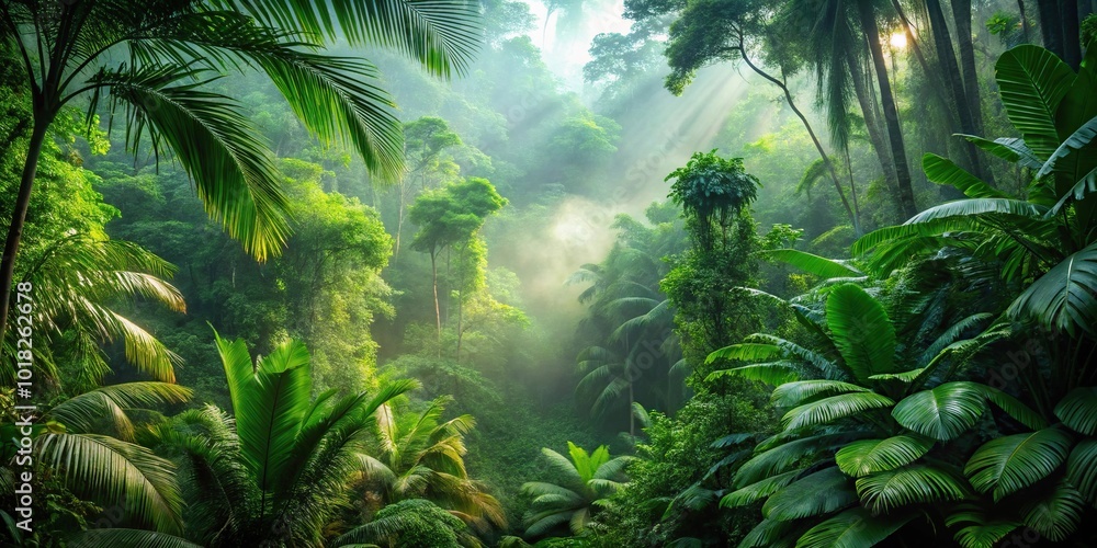 Misty tropical forest with lush green foliage in dense jungle nature background Misty tropical forest with lush green foliage in dense jungle nature background