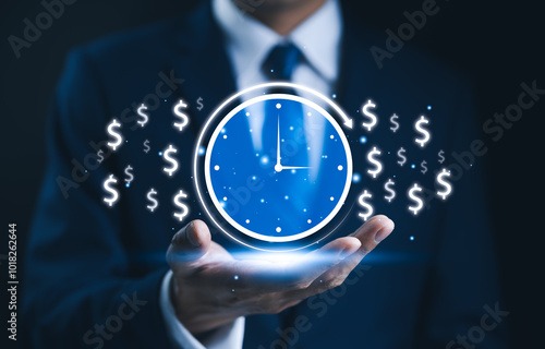 Time is money concept. Businessman holding glowing clock with surrounding dollar signs, representing the concept of time management, productivity, and the value of time in business. project planning,