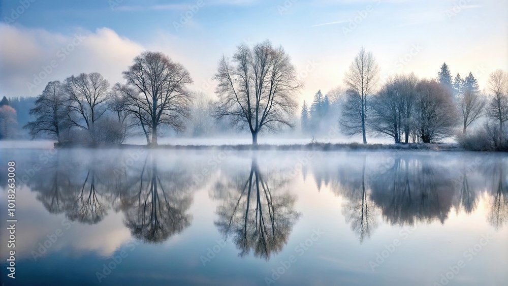 Misty winter landscape with foggy reflections on lake and trees Misty winter landscape with foggy reflections on lake and trees