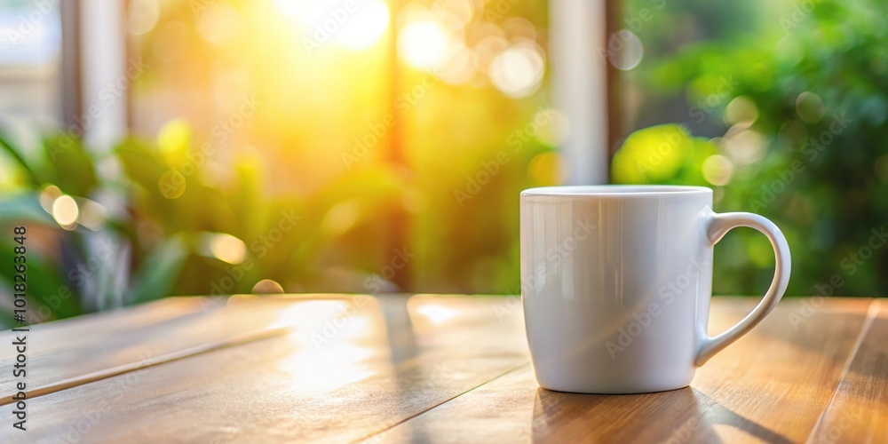 Mock up of asymmetrical white coffee mug in morning light Mock up of asymmetrical white coffee mug in morning light