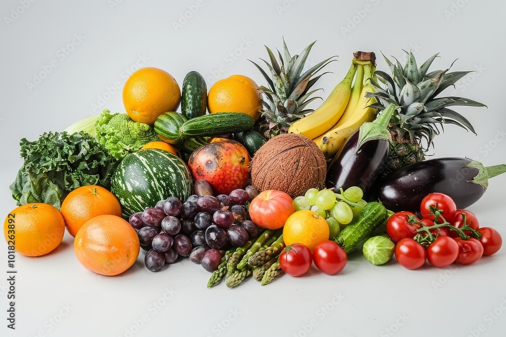 Vibrant pile of fresh fruits and vegetables including coconut, papaya, banana, orange, grape, eggplant, cucumber, tomato, asparagus, pineapple, and cabbage on a white isolated background Vibrant pile of fresh fruits and vegetables including coconut, papaya, banana, orange, grape, eggplant, cucumber, tomato, asparagus, pineapple, and cabbage on a white isolated background
