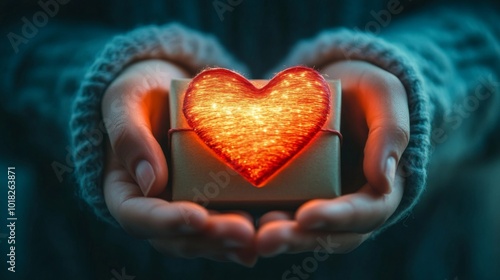 A glowing heart-shaped gift held in open palms