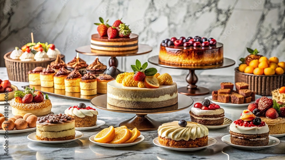 An assortment of delectable pastries, each adorned with colorful fruit, creating a symphony of sweetness and visual delight An assortment of delectable pastries, each adorned with colorful fruit, creating a symphony of sweetness and visual delight