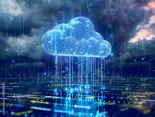 Digital Cloud Raining Binary Code onto Field of Servers Cloud Computing Concept