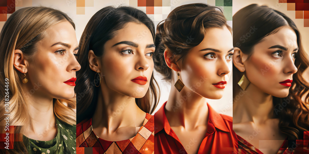 Four women with red lips and golden earrings, A close-up image of four women with red lips and golden earrings. Each woman is wearing a different colored dress Four women with red lips and golden earrings, A close-up image of four women with red lips and golden earrings. Each woman is wearing a different colored dress