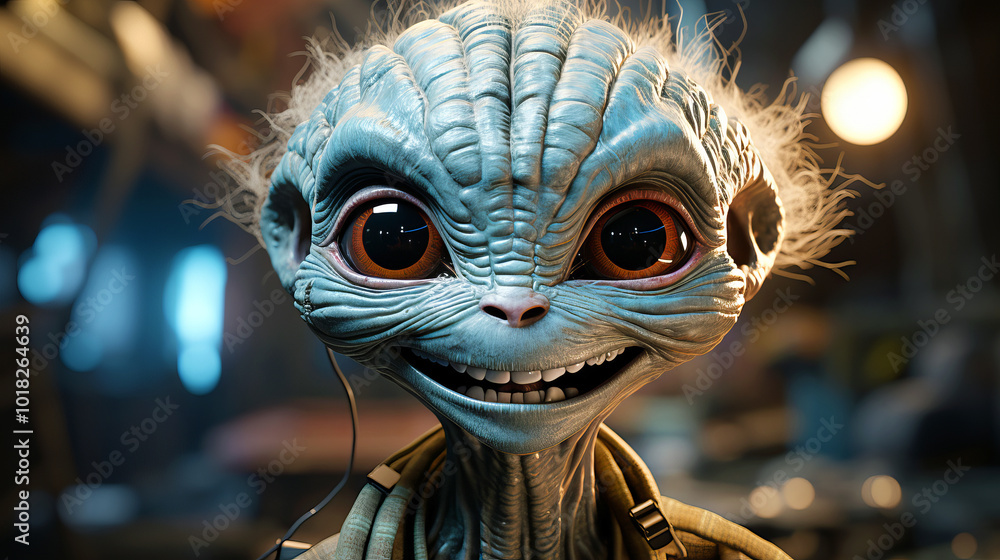 A close-up portrait of a friendly alien with large, expressive eyes, textured blue skin, and a wide smile. A close-up portrait of a friendly alien with large, expressive eyes, textured blue skin, and a wide smile.