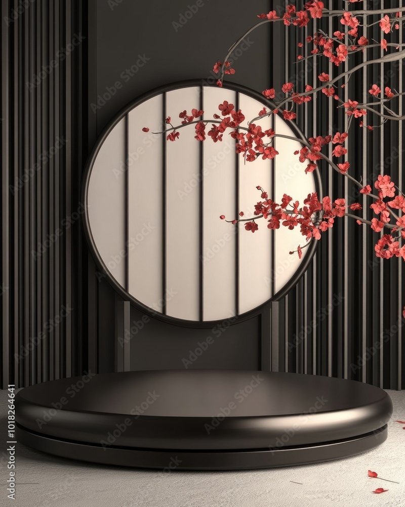 Black Circular Platform with Red Blossoms and Striped Background Black Circular Platform with Red Blossoms and Striped Background