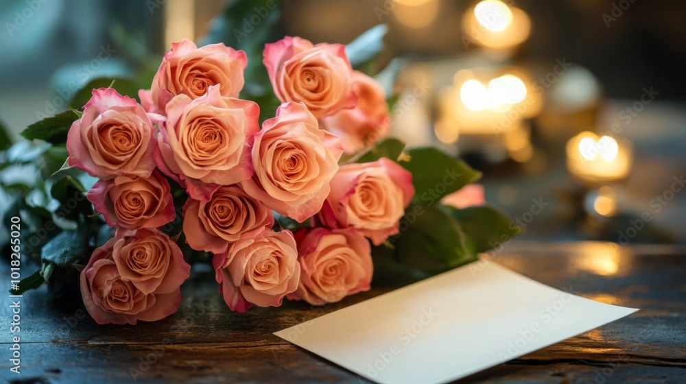 A Bouquet of Pink Roses with a Blank Card on a Wooden Table A Bouquet of Pink Roses with a Blank Card on a Wooden Table