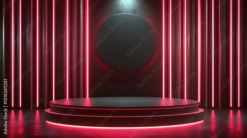 Circular Platform with Pink Neon Lights and a Dark Background Circular Platform with Pink Neon Lights and a Dark Background