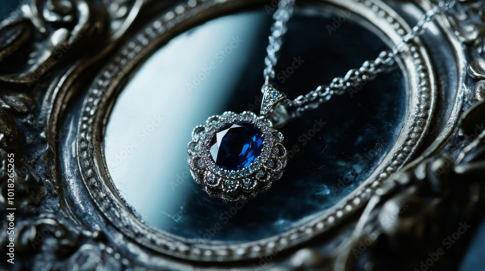 Close-up of a Blue Gemstone Necklace in an Ornate Mirror Close-up of a Blue Gemstone Necklace in an Ornate Mirror
