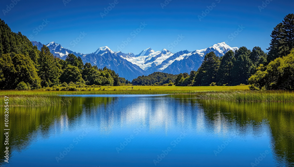 The lake is located in the center of the picture, surrounded by green grass and trees on both sides. In front of it stand snow-capped mountains with a clear blue sky The lake is located in the center of the picture, surrounded by green grass and trees on both sides. In front of it stand snow-capped mountains with a clear blue sky