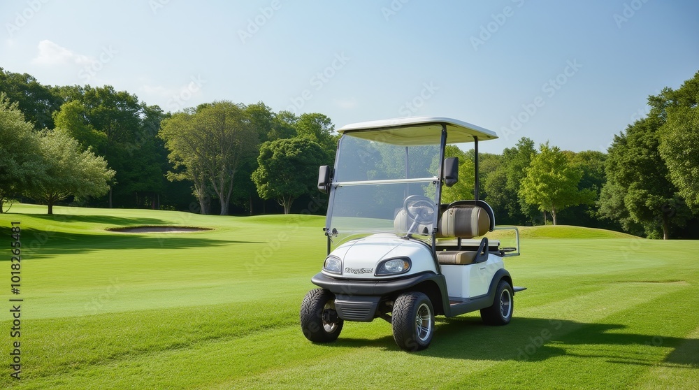A Golf Cart Parked on a Sunny Day at a Well-Maintained Green Golf Course in the Countryside