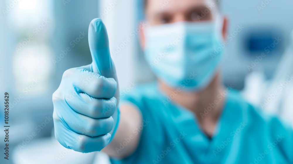 Medical professional giving a thumbs up while wearing a mask and gloves in a clinical setting Medical professional giving a thumbs up while wearing a mask and gloves in a clinical setting