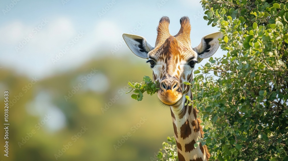 Obraz premium Giraffe (Giraffa camelopardalis) stretching his neck so it can rich the green succulent leaves on an acacia tree in Hwange national park- ZimbabweAfrica.