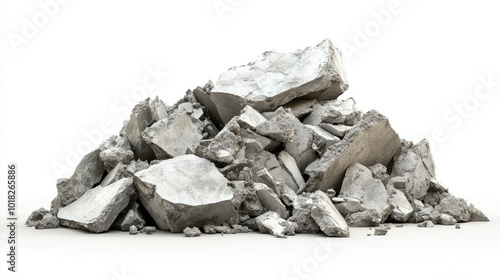 Cracked and shattered concrete debris piled up against a simple, clean white background, emphasizing the rugged texture