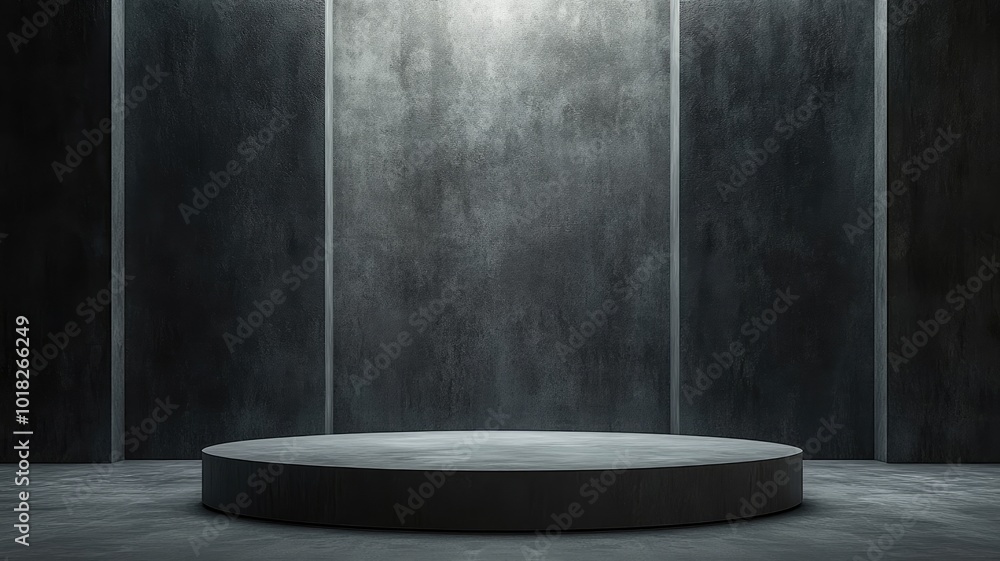 A Circular Platform in a Dark and Minimalist Room with Grey Walls A Circular Platform in a Dark and Minimalist Room with Grey Walls