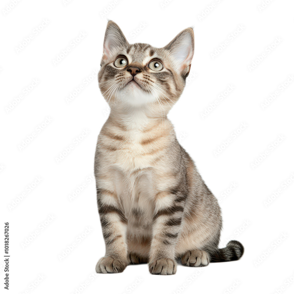 Obraz premium A cat is sitting on a white background. The cat is looking up at the camera with a curious expression