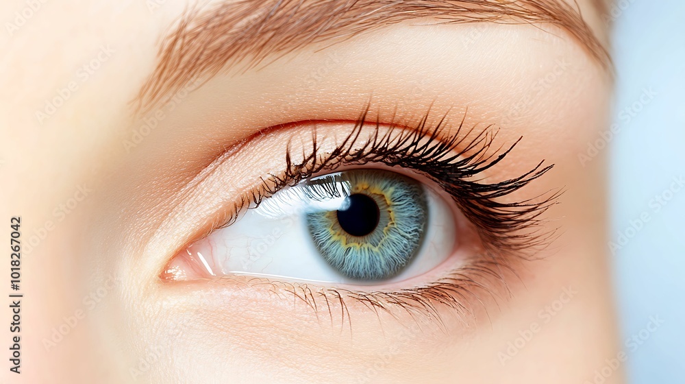 Obraz premium High-resolution close-up of a human eye, showcasing the intricate details of the iris, eyelashes, and skin texture.