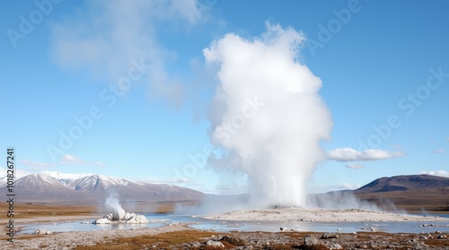 Geyser Erupts Dramatically Under a Clear Blue Sky in a Geothermal Area During Midday