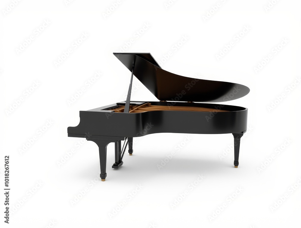 Elegant Grand Piano Positioned With the Lid Raised, Showcasing Intricate Craftsmanship in a Well-Lit Space Elegant Grand Piano Positioned With the Lid Raised, Showcasing Intricate Craftsmanship in a Well-Lit Space