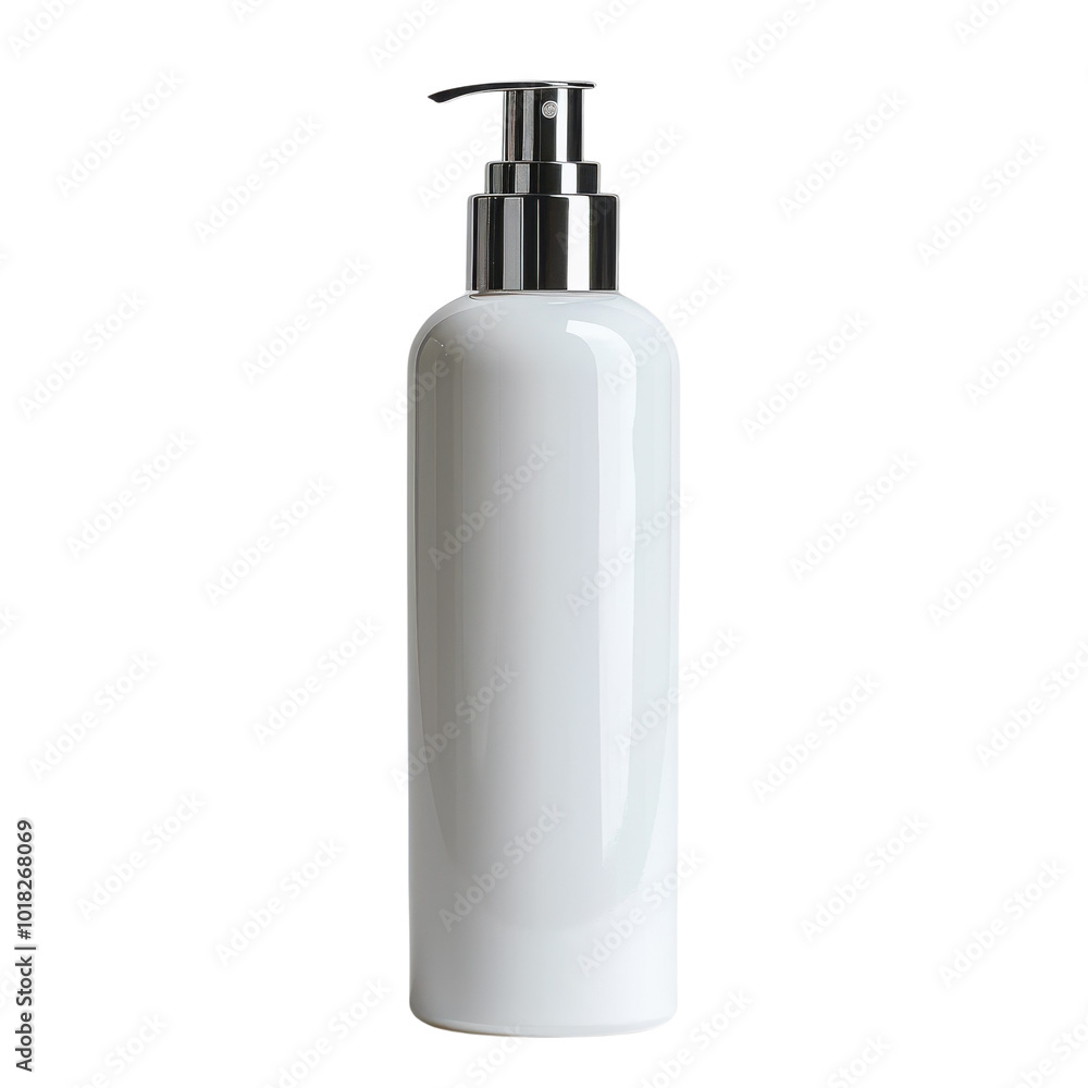 A white bottle with a silver top and a silver pump A white bottle with a silver top and a silver pump