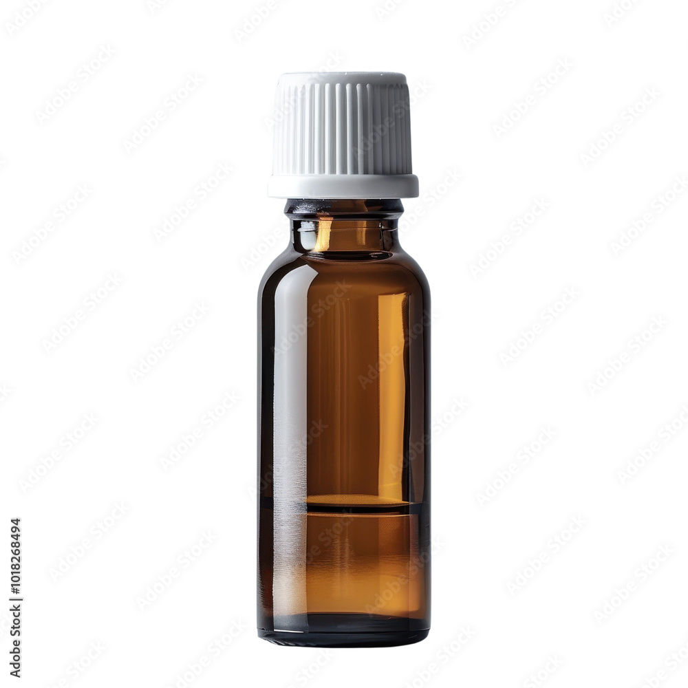 A bottle of essential oil is sitting on a white background