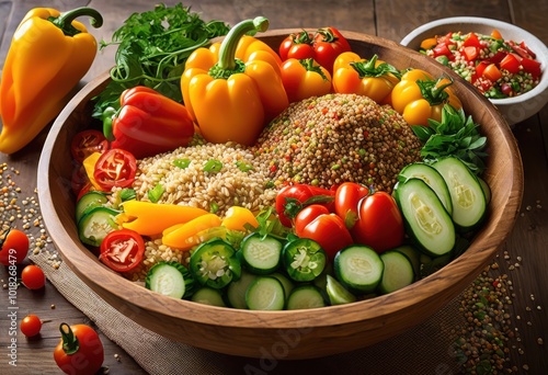 vibrant arrangement fresh vegetables surrounded kaleidoscope colorful grains bowl, natural, wholesome, freshness, meal, farm, produce, organic, ingredients photo