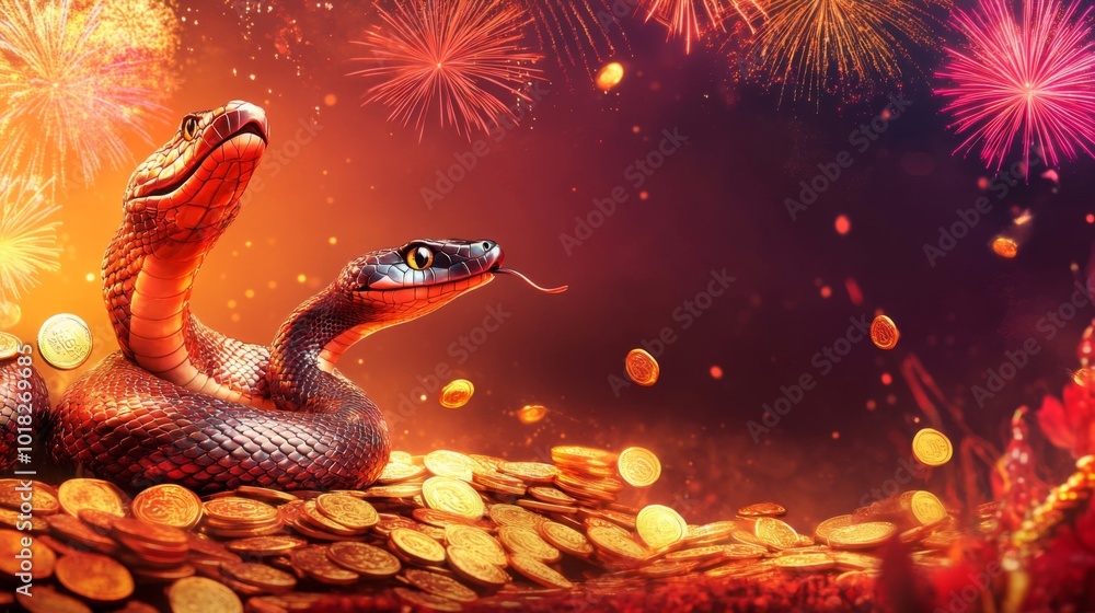 Two Snakes Surrounded by Gold Coins and Fireworks Two Snakes Surrounded by Gold Coins and Fireworks