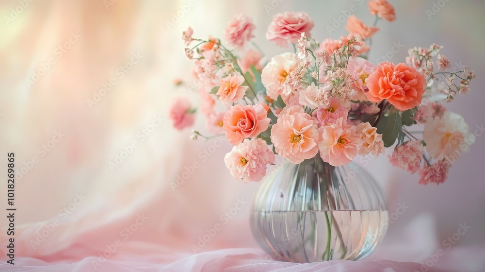 Delicate pink and orange flowers in a clear vase, with soft natural lighting creating a calm, serene atmosphere Delicate pink and orange flowers in a clear vase, with soft natural lighting creating a calm, serene atmosphere