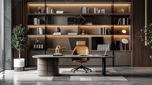 A chic home office with a modern desk, ergonomic chair, and organized shelves